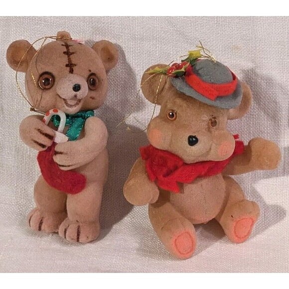 2 Flocked Bears Christmas Ornaments Kitschy Fuzzy Anthropomorphic Teddy Set Vtg - Picture 12 of 12